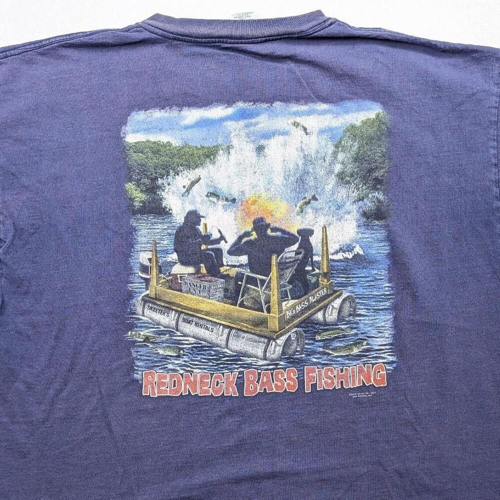 Y2K Red Neck Bass Fishing Graphic Tshirt Funny Faded Blue Paint Splatter Sz XXL